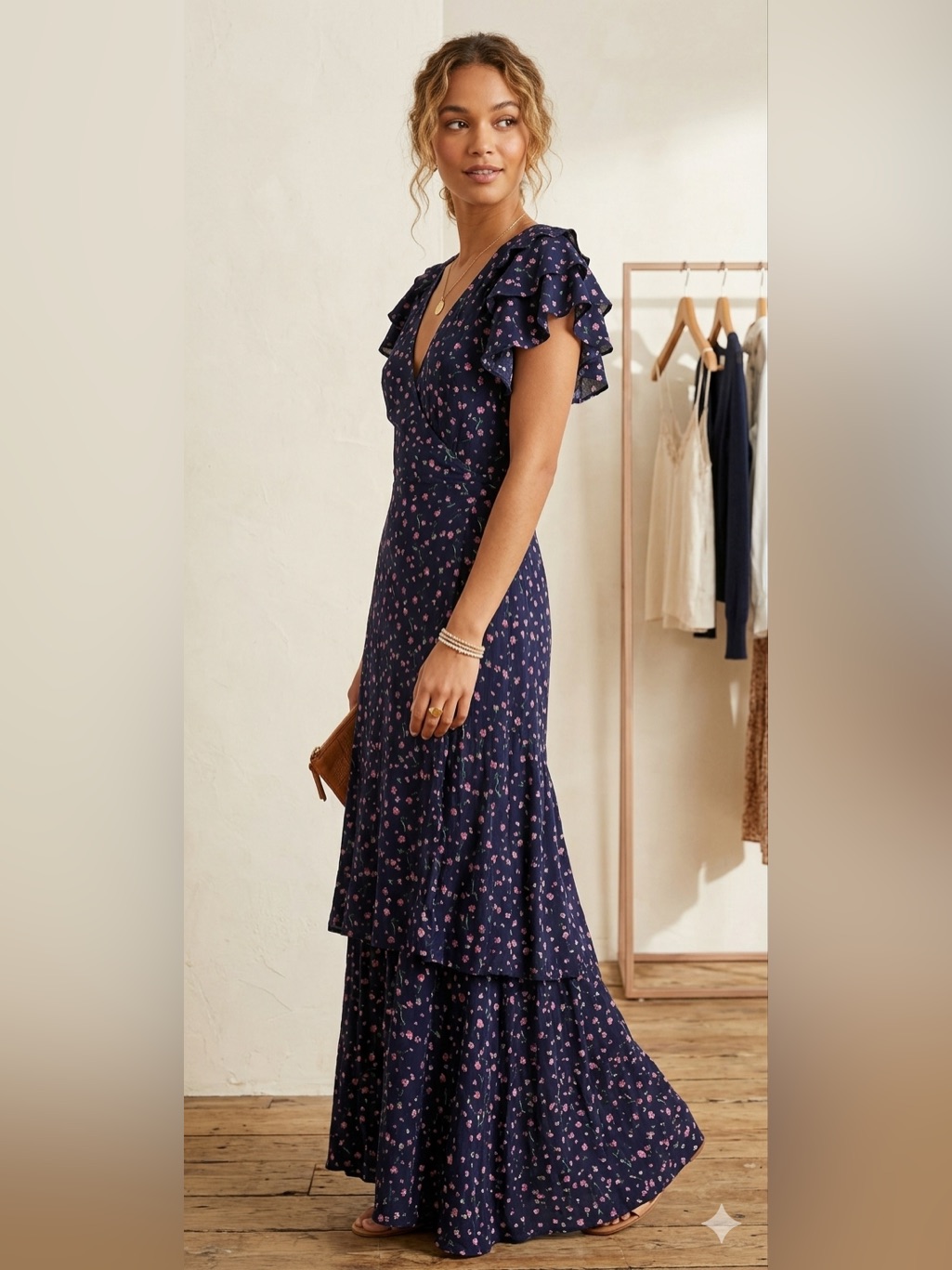 Cleobella / Navy Ditsy Floral Ruffle-Sleeve Tiered Maxi Dress - Sz M